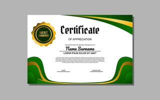 a certificate template with a green and goldwavy design vector