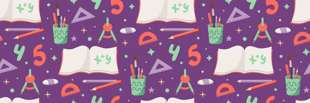 Print School vector seamless pattern. School stationery and different decoration elements. Back to school Flat illustration. Cute colors. Pattern for fabric, notebooks, background.