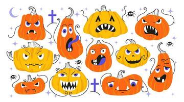 Set pumpkins for Halloween. Orange pumpkin with smile for your design for the holiday Halloween. Cute and scary faces. Orange and colored pumpkins of different shapes. Vector flat illustration.