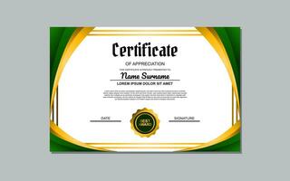 a certificate template with a green and goldwavy design vector