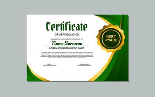 a certificate template with a green and goldwavy design vector