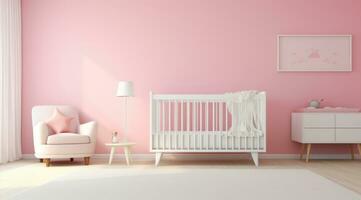 Simple, pink baby bedroom with cot and rug. photo
