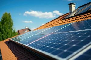 Solar photovoltaic panel system on the roof. Alternative energy ecological concept. photo