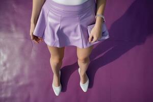 Beautiful slender women's legs, luxury handbag, skirt photo