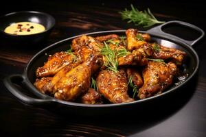 Baked chicken wings and legs in honey mustard sauce. photo