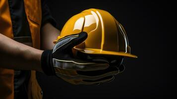 Human hand holding safety helmet photo