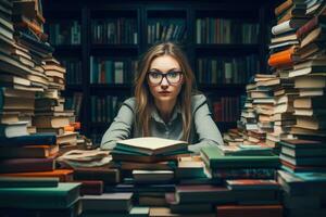 Student with stacks of books at desk in library photo