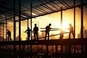 silueta construcción trabajo durante puesta de sol hora industria construcción edificio concepto foto