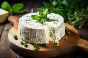 Cheese with mold and herbs on wooden board. photo