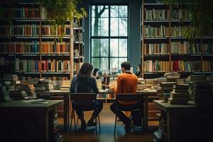 Universidad estudiantes leyendo libros en biblioteca para investigación. foto