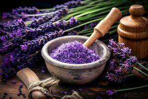 Mortar with lavender flowers on table. Ingredient for natural cosmetic photo
