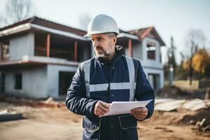 Professional engineer in protective helmet and blueprints paper at house building construction site. photo