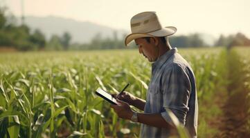 Male farmer using digital tablet while analyzing corn field photo