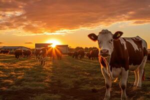 Cows grazing at sunset on a farm. photo