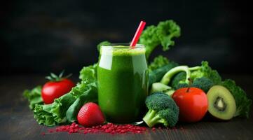 Smoothie close-up composition of fruits, vegetables and glass of detox drink photo