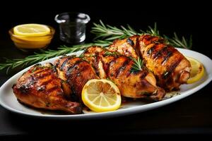 Appetizing grilled juicy chicken with golden brown crust served with lemon and rosemary photo