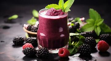 Blackberry smoothie selective focus detox diet food vegetarian food healthy eating concept. photo