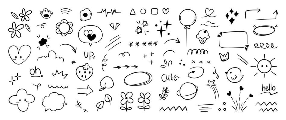 Set of cute pen line doodle element vector. Hand drawn doodle style collection of speech bubble, arrow, firework, ice cream, strawberry. Design for decoration, sticker, idol poster, social media.