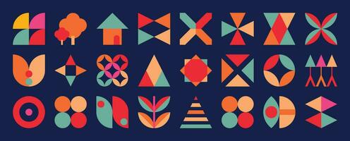 Set of abstract retro geometric shapes vector. Collection of contemporary figure, flower, tree, home in 70s groovy style. Bauhaus Memphis design element perfect for banner, print, stickers, decor. vector