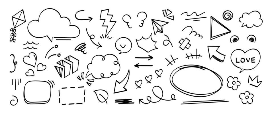 Set of cute pen line doodle element vector. Hand drawn doodle style collection of speech bubble, arrow, rocket, thunderbolt, crown, heart. Design for decoration, sticker, idol poster, social media.