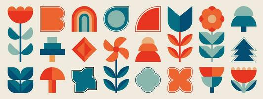 Set of abstract retro geometric shapes vector. Collection of contemporary figure, flower, leaf, tree in 70s groovy style. Bauhaus Memphis design element perfect for banner, print, stickers, decor. vector