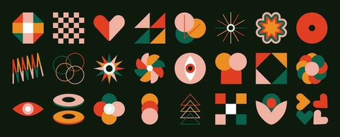 Set of abstract retro geometric shapes vector. Collection of contemporary figure, flower, heart, sparkle in 70s groovy style. Bauhaus Memphis design element perfect for banner, print, stickers, decor. vector