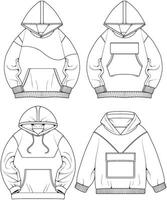 Oversized hoodie technical fashion illustration with relaxed fit, long sleeves. Flat outwear jumper apparel template. Women, men, unisex sweatshirt top mockup vector