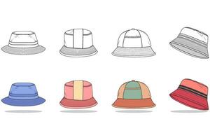 set of color full bucket hat drawing vector, color full bucket hat in a sketch style,  template color full for training, vector Illustration.