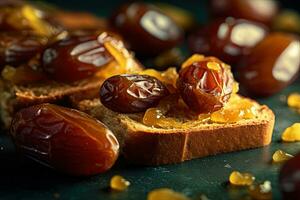 Saudi Arab Dates toast, macro shot of a fresh breakfast with Dripping Honey, AI Generated photo