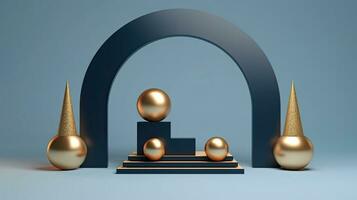 3D Render of Blue Podium Adorned with Gold Arch Christmas Tree Decorations, AI Generated photo