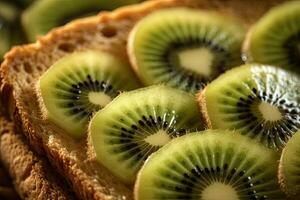 kiwi tostada, macro Disparo de un Fresco desayuno con goteo Miel, ai generado foto