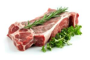 Lamb Ribs meat and herbs isolated on white, Generative AI photo