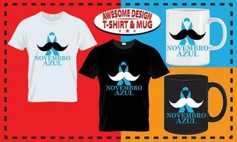 mundo noviembre azul camiseta y jarra diseño, mejor vector para impresión.