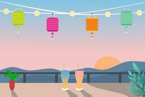 Mid Autumn Festival Chinese and Korean festival. Chuseok, mid autumn Korea festival. Vector banner, background and poster. Lantern and drink.