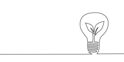 One line light bulb with plant. Continuous single line eco, energy safe concept bulb art. Brainstorm, business solution design concept. Vector