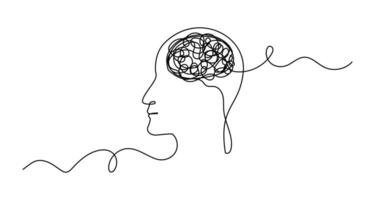 Continuous One Line Mental Chaos Brain Head Health Mind Art Sketch Doodle Concept.  Stress Therapy Problem Continuous One Line Drawing. A Single Stroke of Healing Vector Drawing for Mental Well-being