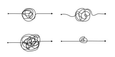 Vector psychotherapy complex chaos mess and order path. Messy drawn sketch purpose simple ball concept scribble. Chaos knot line psychotherapy continuous vector illustration art.