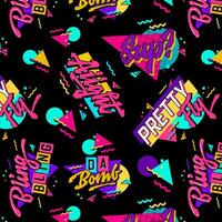 brillante de moda 90s estilo modelo con retro Jerga letras diseños vívido caligrafía estilo tipografía elementos en oscuro antecedentes. vector ilustración para moda, imprimir, web propósitos.