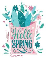 Helo spring - beautiful Spring lettering, great design for any purposes. Shoe shape design with bouquet. vector