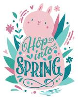 Hop into Spring - beautiful Spring lettering, great design for any purposes. Bunny rabbit shape design with bouquet. vector