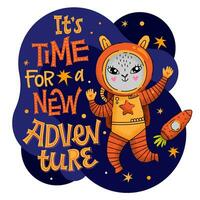 It's time for a new adventure lettering phrase. Hand drawn baby space theme quote. Cute bunny astronaut character. Carrot spaceship. Motivation, inspiration vector text.