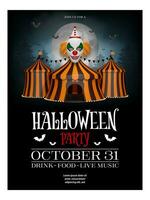 halloween poster with evil clown and circus with orange and black stripes vector