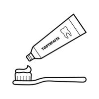 Tube of toothpaste and a toothbrush. Dental care. Oral hygiene. Hand drawn sketch icons. Isolated vector illustration in doodle line style.