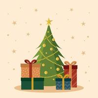 Navidad árbol decorado con guirnaldas, pelotas y estrella y de colores regalo cajas Navidad tarjeta. vector ilustración en dibujos animados plano estilo.