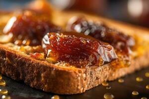 Saudi Arab Dates toast, macro shot of a fresh breakfast with Dripping Honey, AI Generated photo