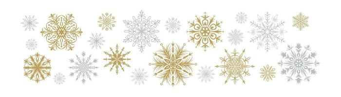 Golden and silver snowflakes. Merry Christmas and happy new year greeting card design element. Vector illustration isolated on white. Winter background