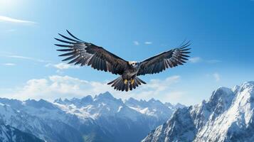 Majestic eagle soaring above a pristine, snow-capped mountain range under a blue sky photo