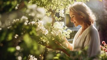 tranquilo primavera escena de un de edad mediana mujer nutriendo su floreciente jardín ai generativo foto