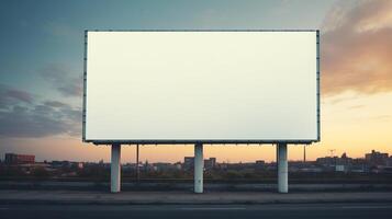 Vibrant sunset forming a fiery backdrop for a blank billboard frame, perfect for bold advertising AI Generative photo