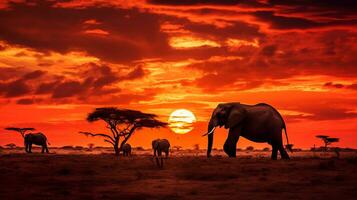 Stunning African safari scene at sunset with elephants, giraffes, and zebras under a fiery sky AI Generative photo